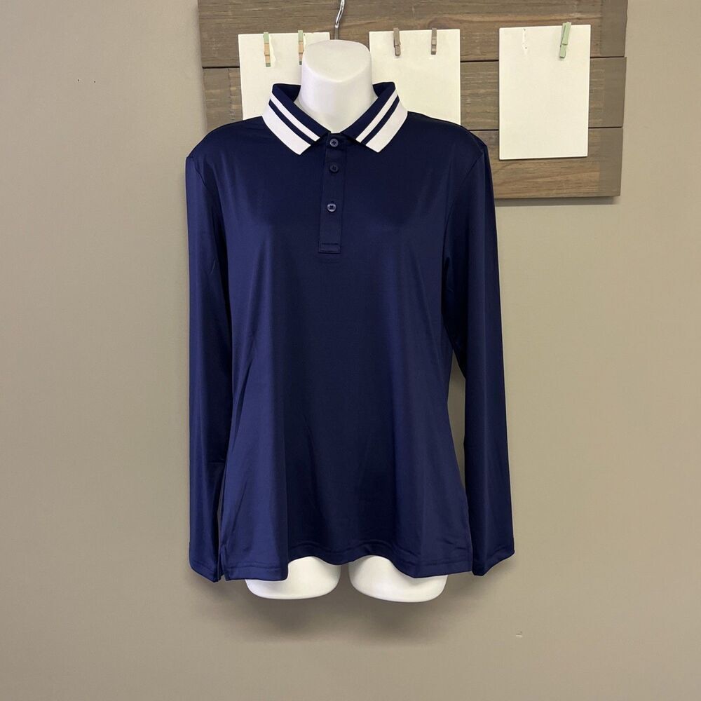 Lilihammer Women Poly Golf Pullover Navy White Nautical Long Sleeve Polo Large